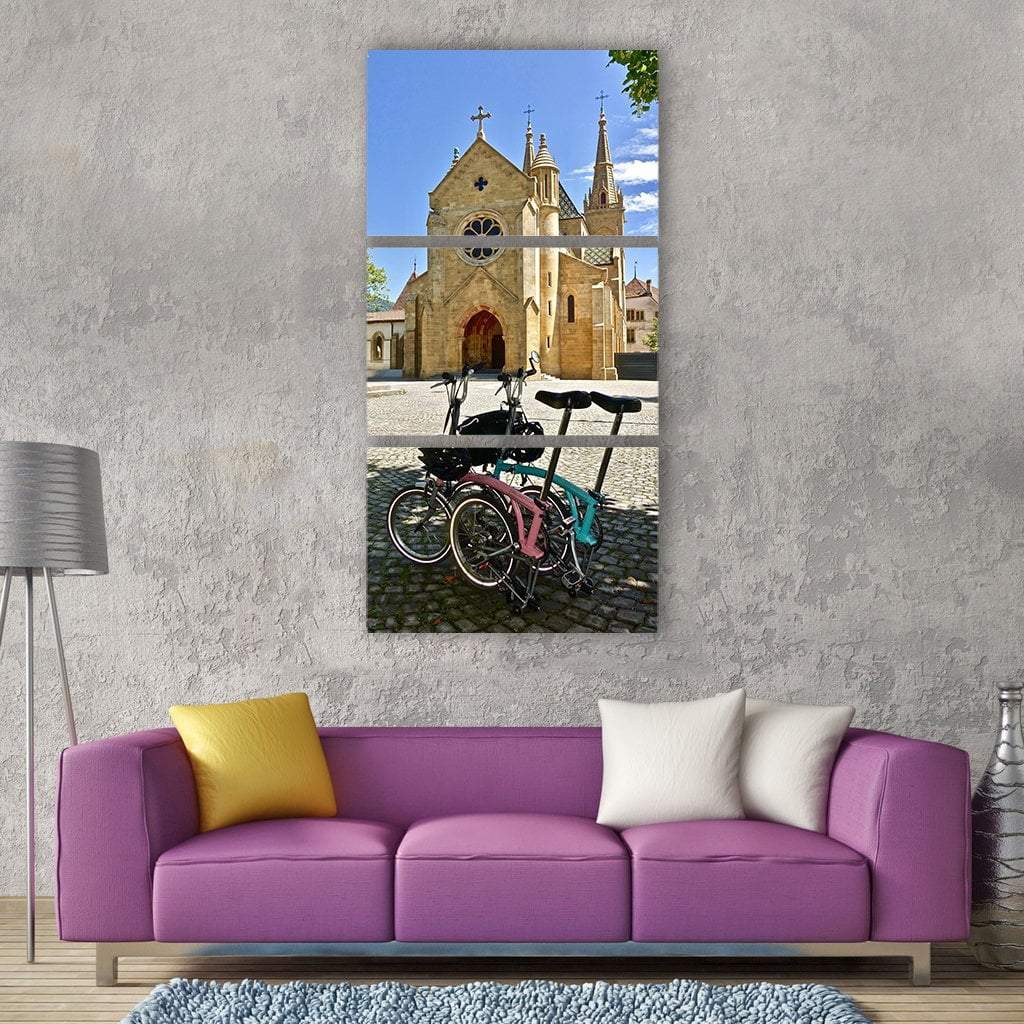 Bicycle In Front Of Cathedral Vertical Canvas Wall Art-3 Vertical-Gallery Wrap-12" x 25"-Tiaracle