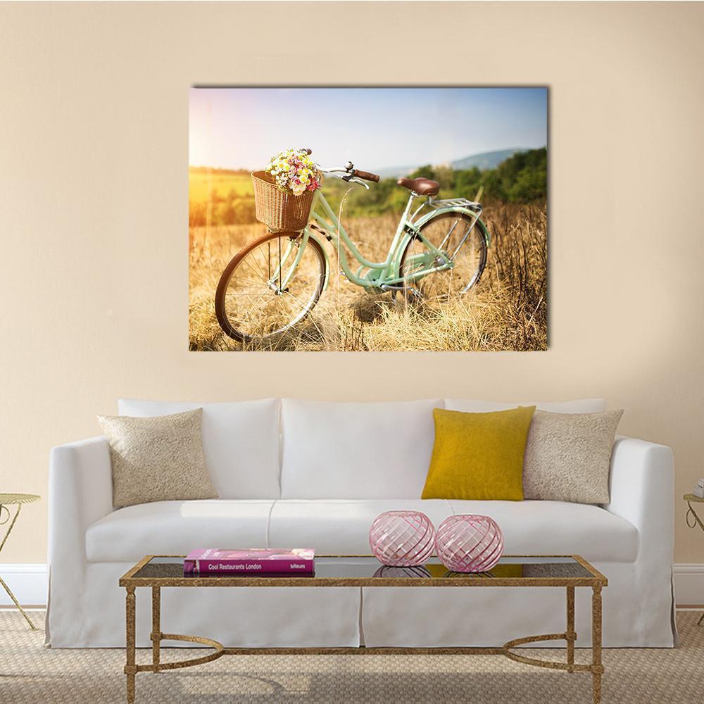 Vintage Mint Green Bicycle with Flowers Canvas Wall Art in brown, yellow and green, single panel hung on a wall