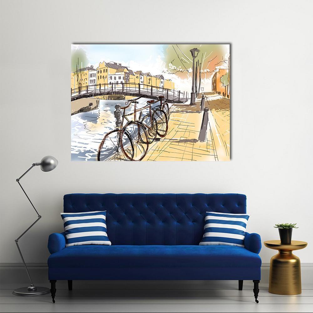 Bicycles In Street Of Amsterdam Canvas Wall Art-1 Piece-Gallery Wrap-48" x 32"-Tiaracle