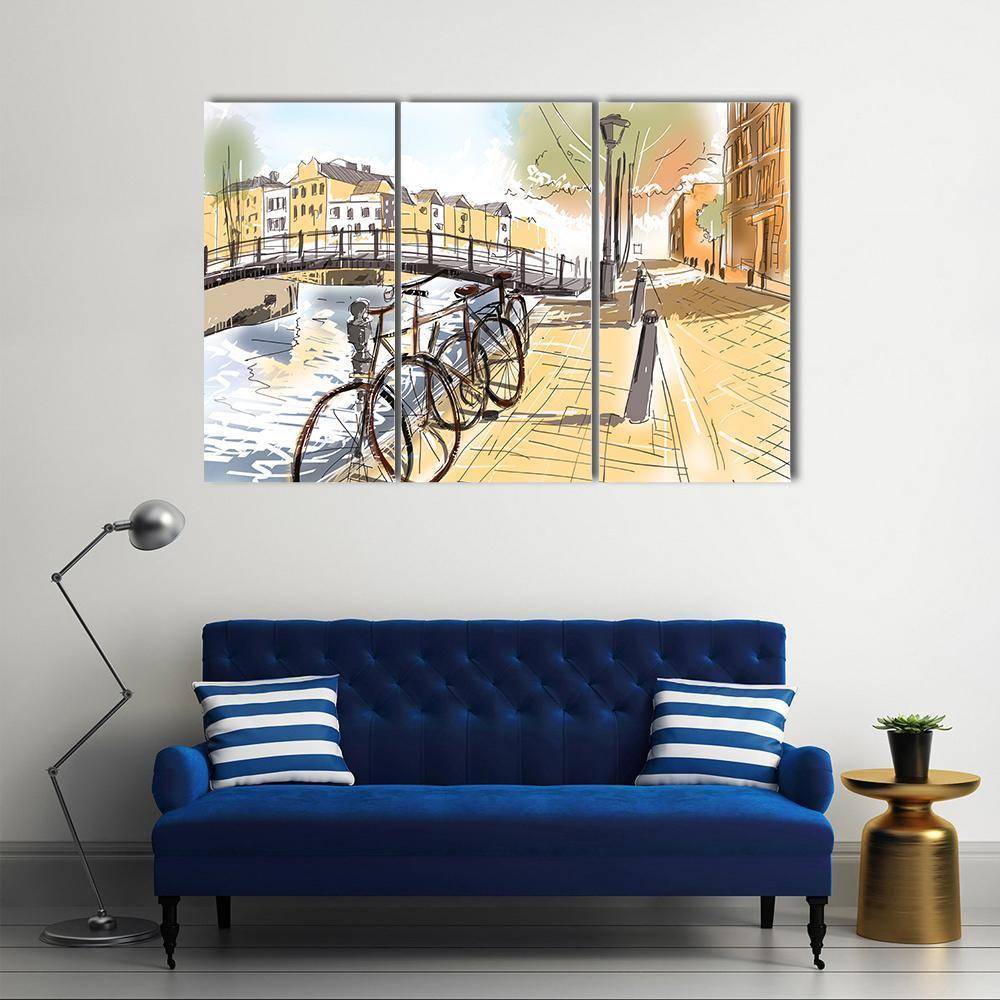 Bicycles In Street Of Amsterdam Canvas Wall Art-3 Horizontal-Gallery Wrap-37" x 24"-Tiaracle