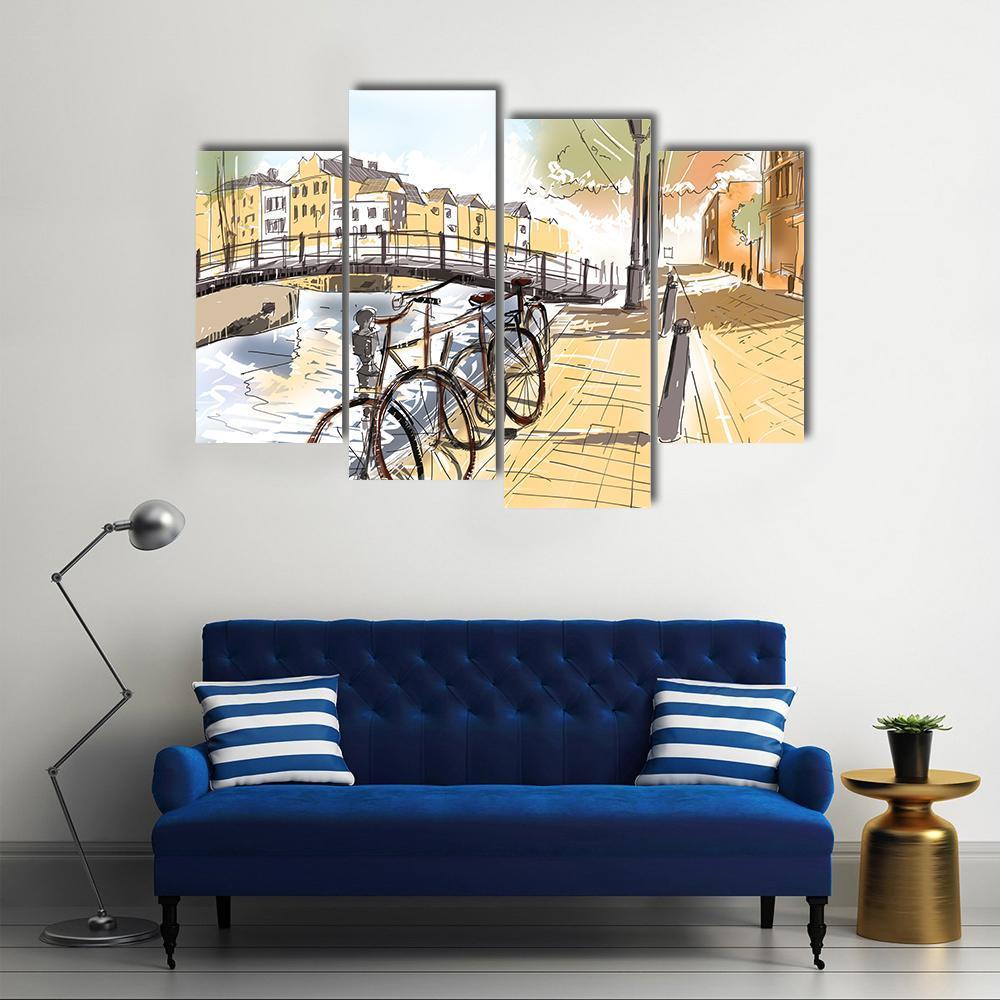Bicycles In Street Of Amsterdam Canvas Wall Art-4 Pop-Gallery Wrap-50" x 32"-Tiaracle