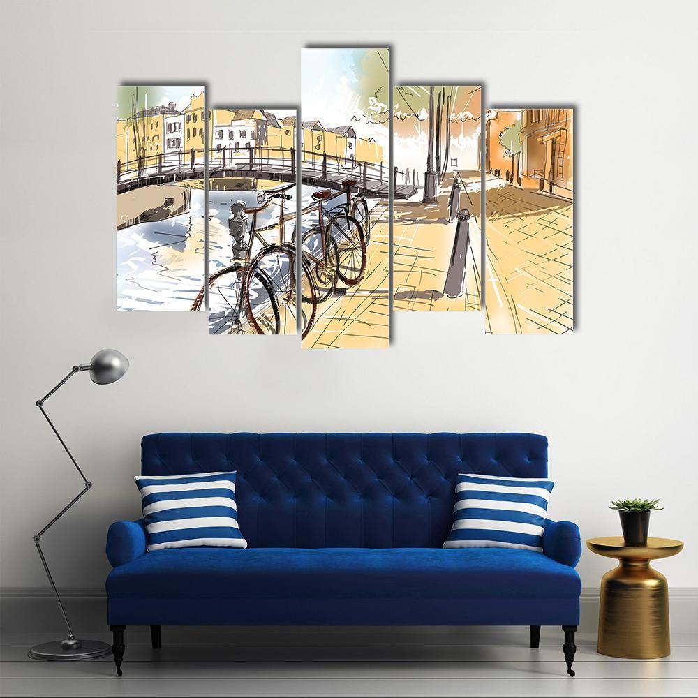 Bicycles In Street Of Amsterdam Canvas Wall Art-5 Pop-Gallery Wrap-47" x 32"-Tiaracle