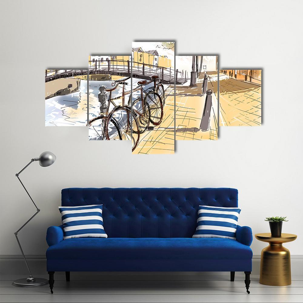 Bicycles In Street Of Amsterdam Canvas Wall Art-3 Horizontal-Gallery Wrap-37" x 24"-Tiaracle