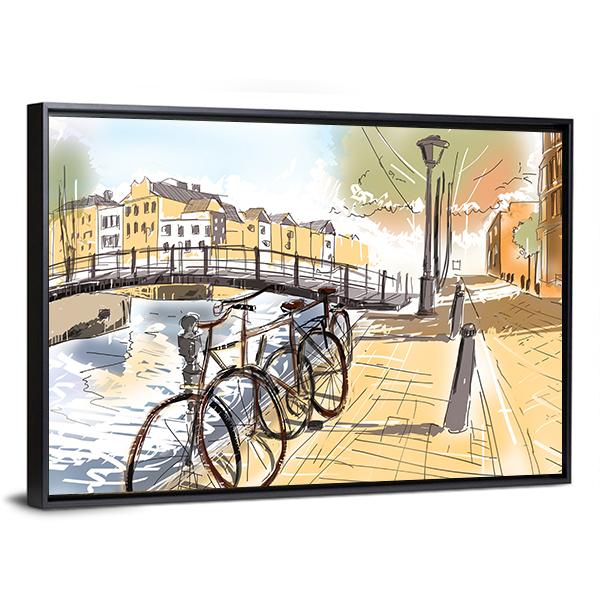Bicycles In Street Of Amsterdam Canvas Wall Art-3 Horizontal-Gallery Wrap-25" x 16"-Tiaracle