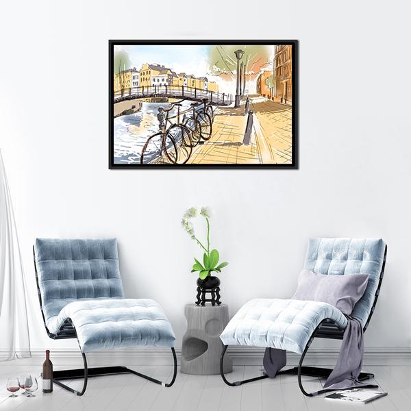 Bicycles In Street Of Amsterdam Canvas Wall Art-3 Horizontal-Gallery Wrap-25" x 16"-Tiaracle