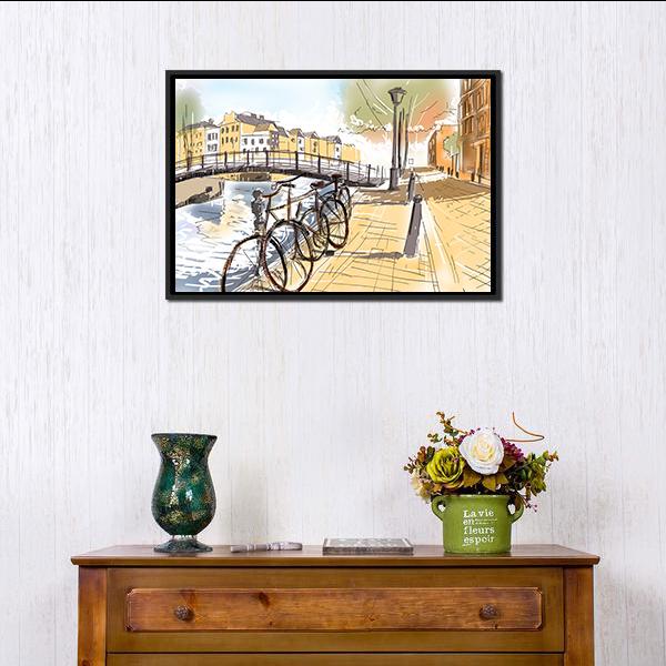Bicycles In Street Of Amsterdam Canvas Wall Art-1 Piece-Floating Frame-24" x 16"-Tiaracle