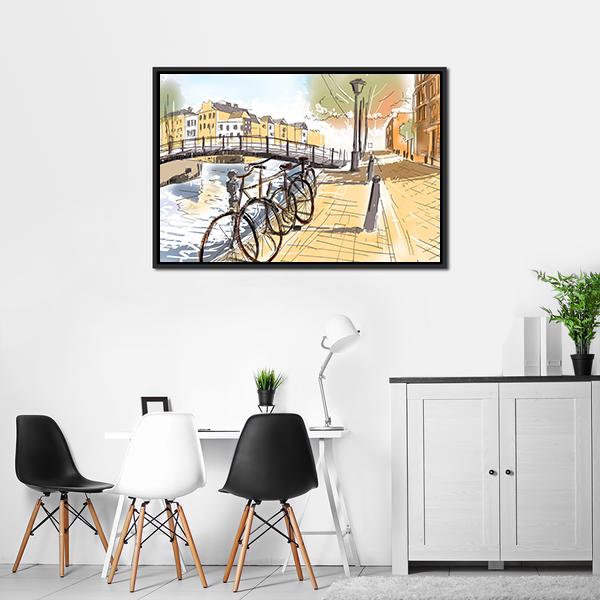 Bicycles In Street Of Amsterdam Canvas Wall Art-3 Horizontal-Gallery Wrap-25" x 16"-Tiaracle