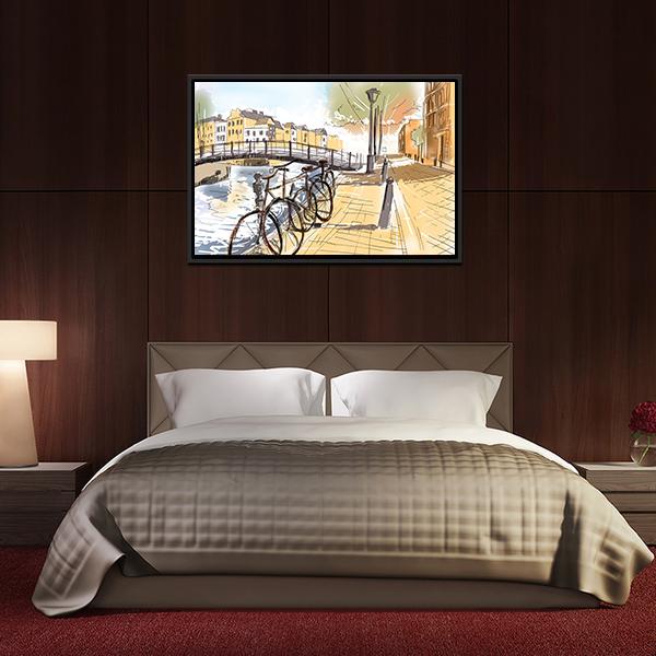 Bicycles In Street Of Amsterdam Canvas Wall Art-3 Horizontal-Gallery Wrap-25" x 16"-Tiaracle