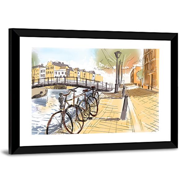 Bicycles In Street Of Amsterdam Canvas Wall Art-3 Horizontal-Gallery Wrap-25" x 16"-Tiaracle
