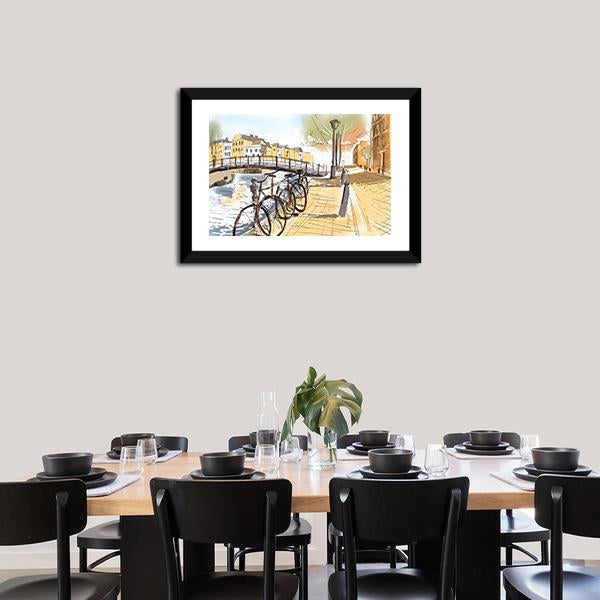 Bicycles In Street Of Amsterdam Canvas Wall Art-3 Horizontal-Gallery Wrap-25" x 16"-Tiaracle