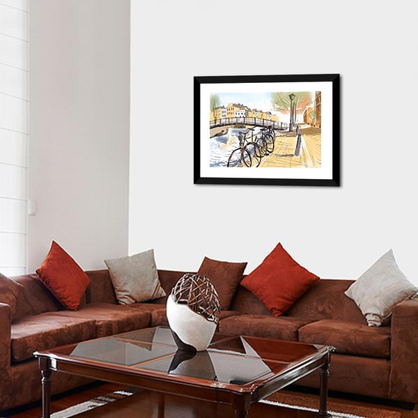 Bicycles In Street Of Amsterdam Canvas Wall Art-3 Horizontal-Gallery Wrap-25" x 16"-Tiaracle