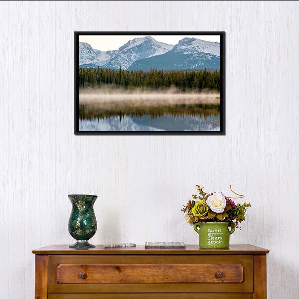 Misty Bierstadt Lake Reflection Canvas Wall Art in white, green and blue, framed canvas, product view on a white background