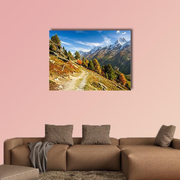 Bietschhorn Mountain Switzerland Canvas Wall Art in brown, green and blue, single panel hung on a wall