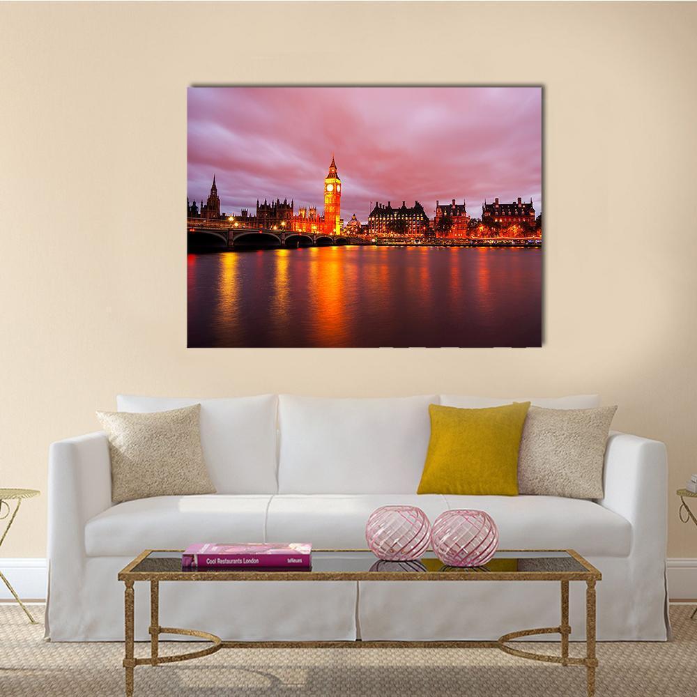 Big Ben &amp; Houses At Night Canvas Wall Art-1 Piece-Gallery Wrap-48" x 32"-Tiaracle
