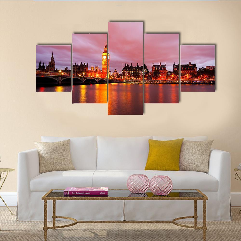 Big Ben & Houses At Night Canvas Wall Art-5 Star-Gallery Wrap-62" x 32"-Tiaracle
