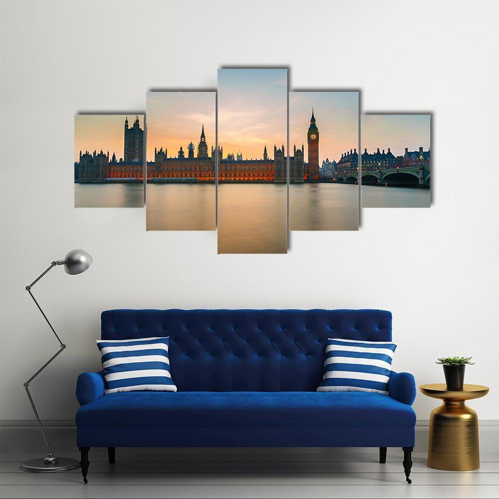 Big Ben &amp; Houses Canvas Wall Art-5 Star-Gallery Wrap-62" x 32"-Tiaracle