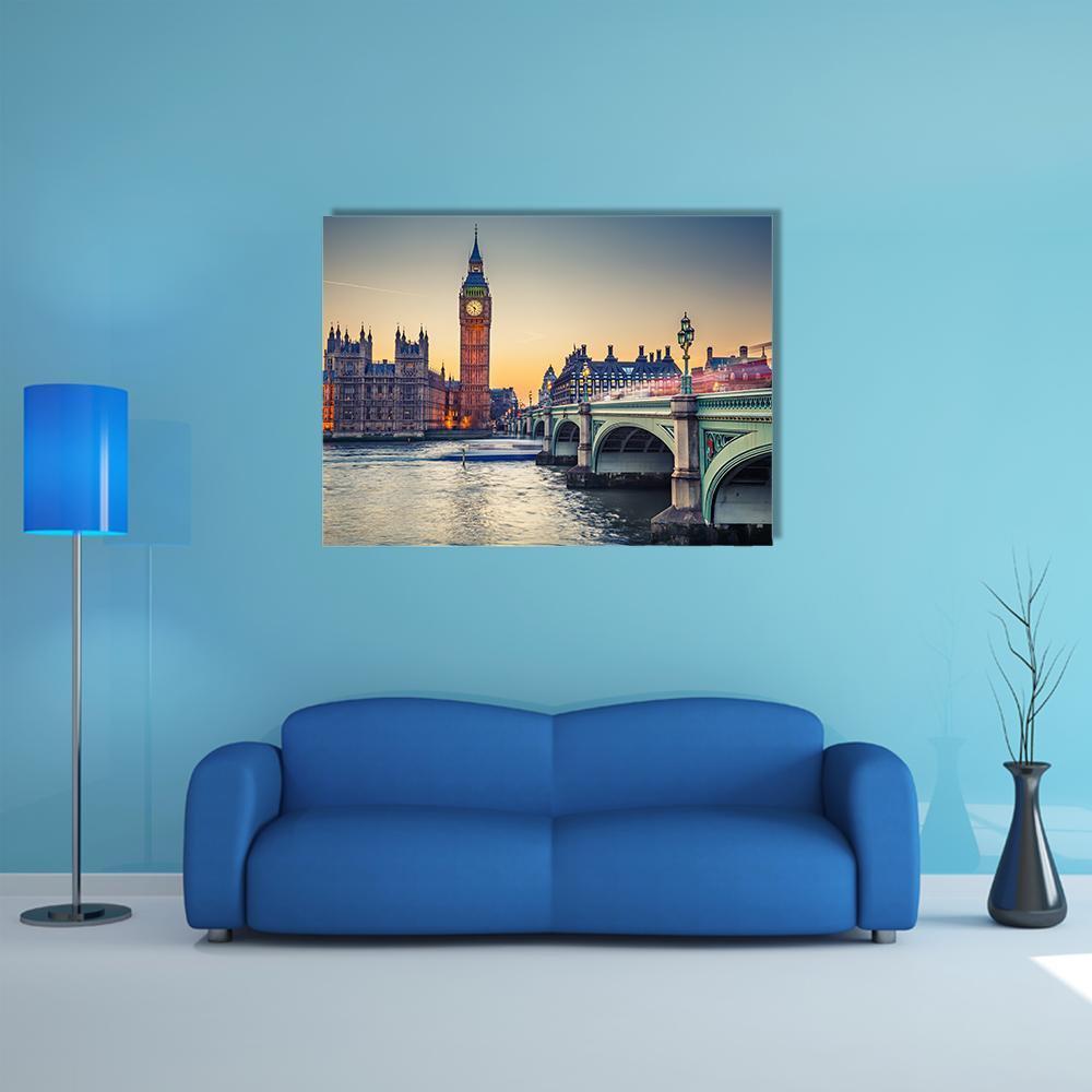 Big Ben and Houses of Parliament at Dusk Canvas Wall Art in gold, yellow and blue, single panel hung on a wall