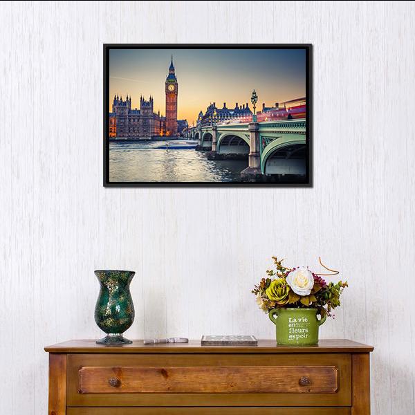 Big Ben and Houses of Parliament at Dusk Canvas Wall Art in orange, yellow and blue, framed canvas, product view on a white background