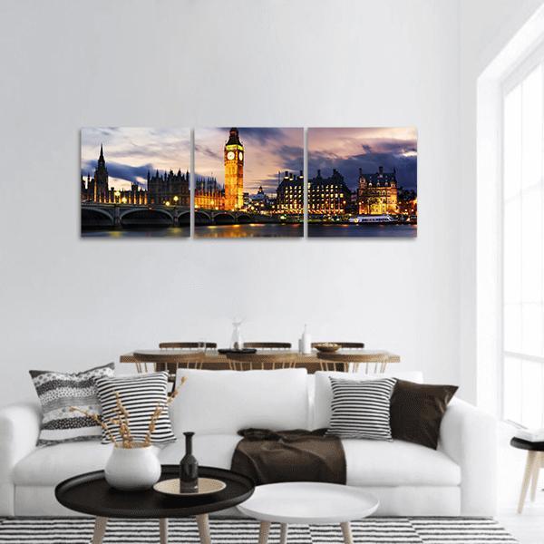 Big Ben & Houses UK Panoramic Canvas Wall Art-3 Piece-25" x 08"-Tiaracle