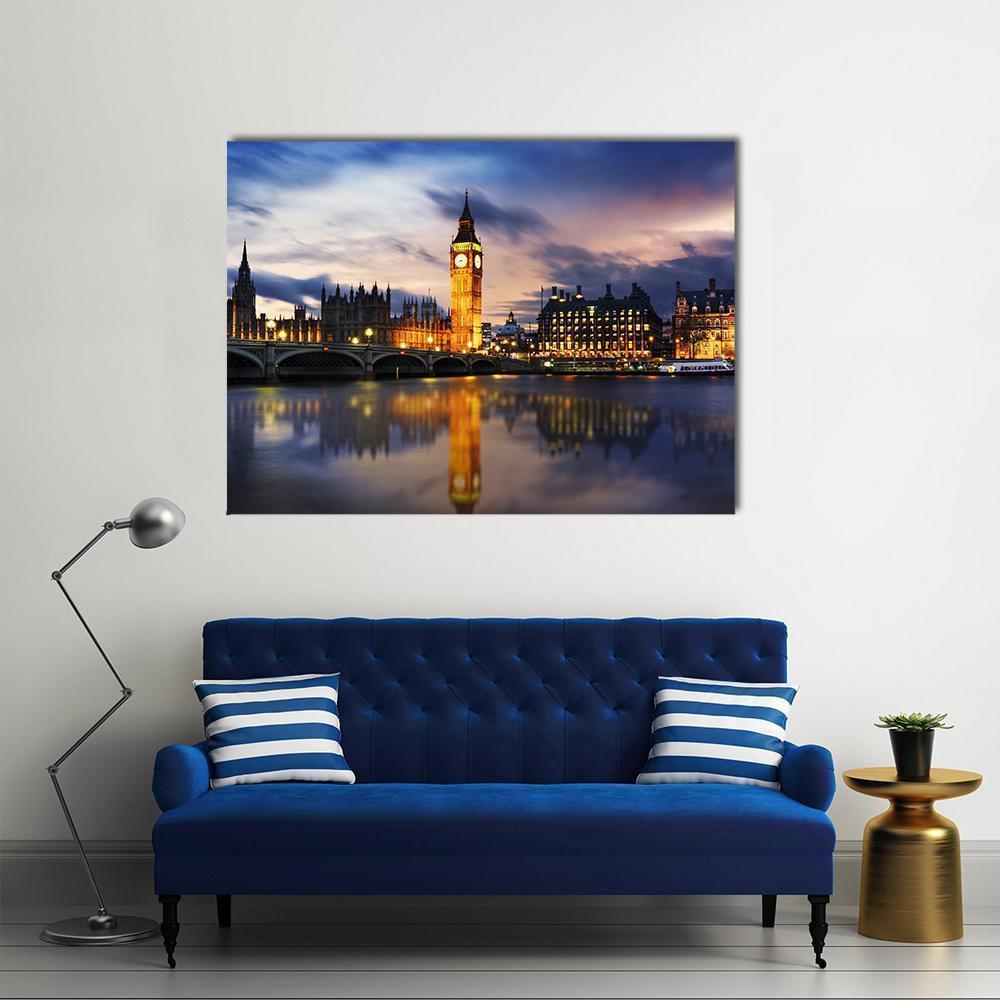 Big Ben and Westminster at Twilight Canvas Wall Art in orange, yellow and blue, single panel hung on a wall