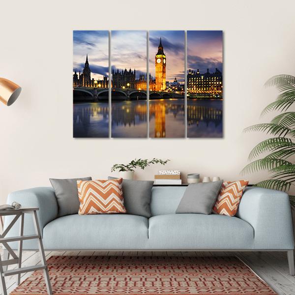 Big Ben &amp; Houses UK Canvas Wall Art-4 Horizontal-Gallery Wrap-34" x 24"-Tiaracle