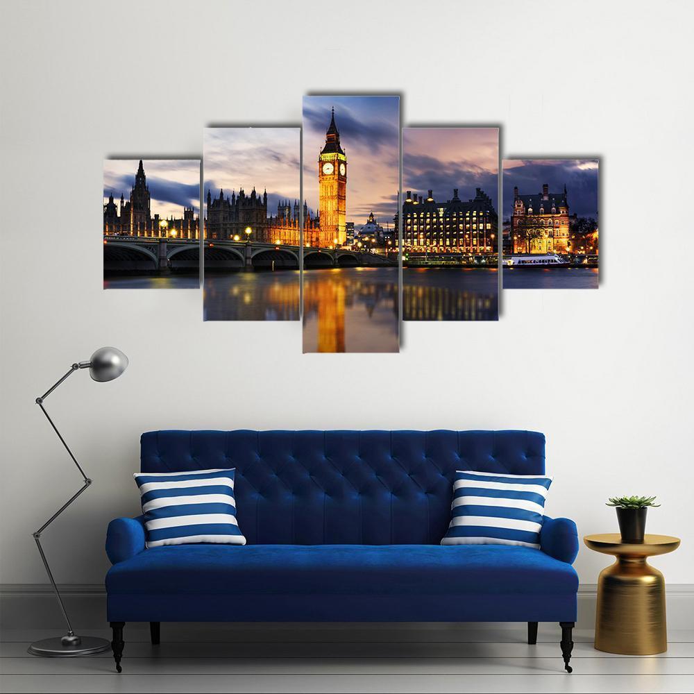 Big Ben &amp; Houses UK Canvas Wall Art-5 Star-Gallery Wrap-62" x 32"-Tiaracle