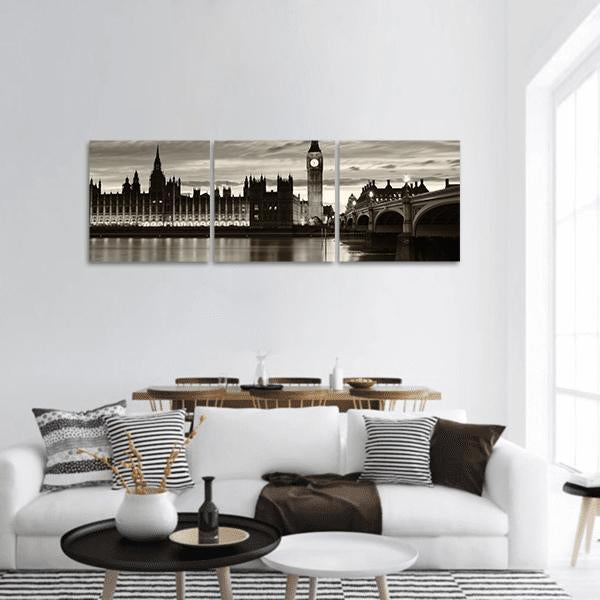 Monochrome Big Ben Panoramic Canvas Wall Art-3 Piece-25" x 08"-Tiaracle