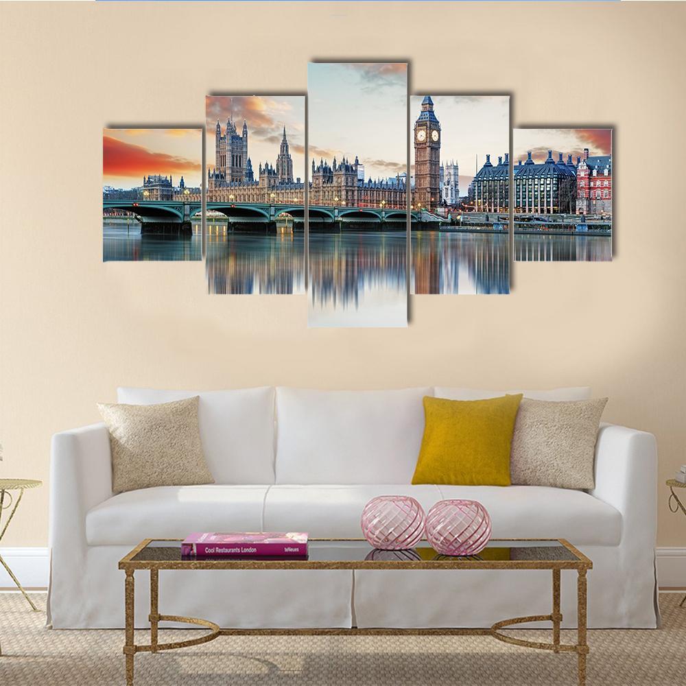 Big Ben and Houses of Parliament at Sunset Canvas Wall Art in orange, yellow and blue, 5 panel Star layout hung on a wall