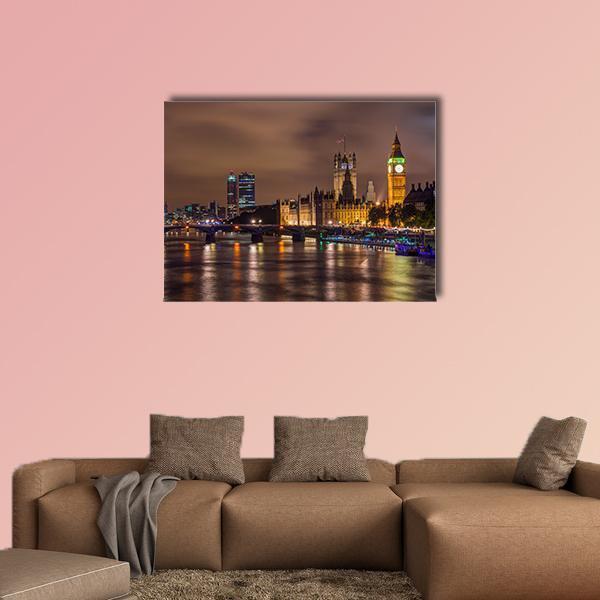 Westminster Bridge at Night Canvas Wall Art in black, gold and yellow, single panel hung on a wall