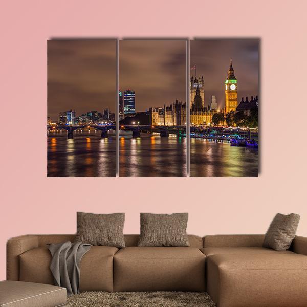 Westminster Bridge At Night Canvas Wall Art-3 Horizontal-Gallery Wrap-37" x 24"-Tiaracle