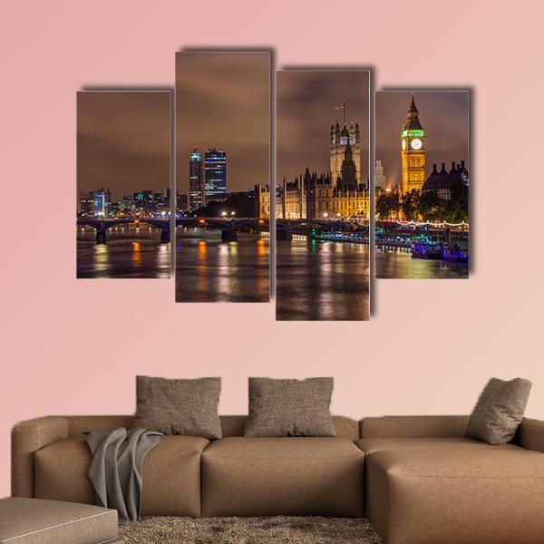 Westminster Bridge At Night Canvas Wall Art-4 Pop-Gallery Wrap-50" x 32"-Tiaracle