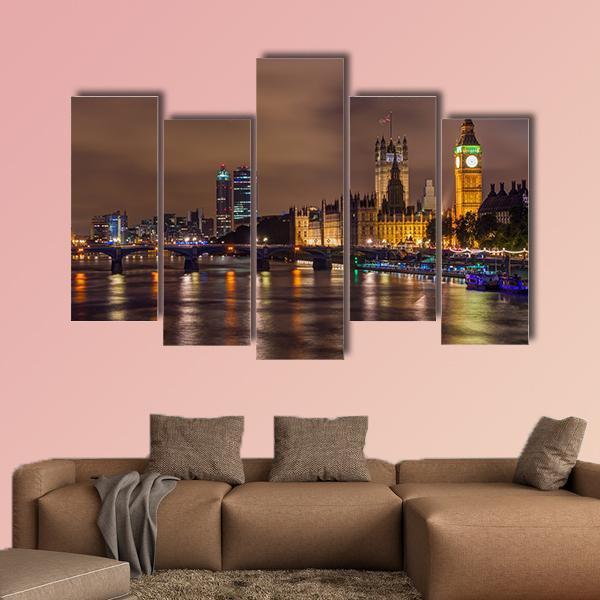 Westminster Bridge At Night Canvas Wall Art-5 Pop-Gallery Wrap-47" x 32"-Tiaracle