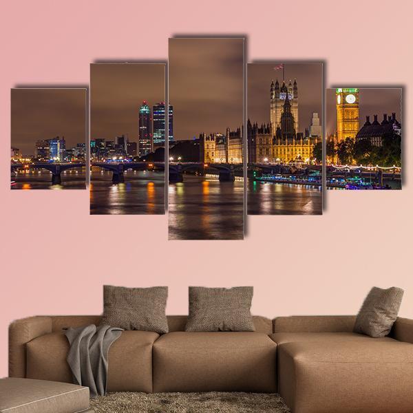 Westminster Bridge At Night Canvas Wall Art-5 Star-Gallery Wrap-62" x 32"-Tiaracle