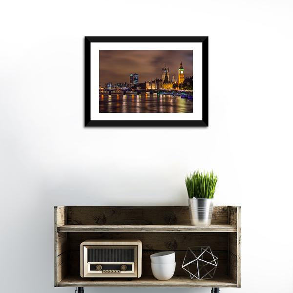 Westminster Bridge At Night Canvas Wall Art-1 Piece-Framed Print-20" x 16"-Tiaracle