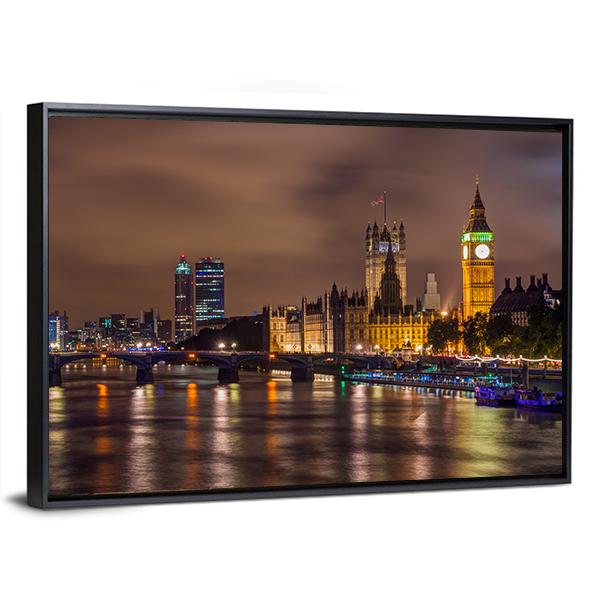 Westminster Bridge At Night Canvas Wall Art-3 Horizontal-Gallery Wrap-25" x 16"-Tiaracle