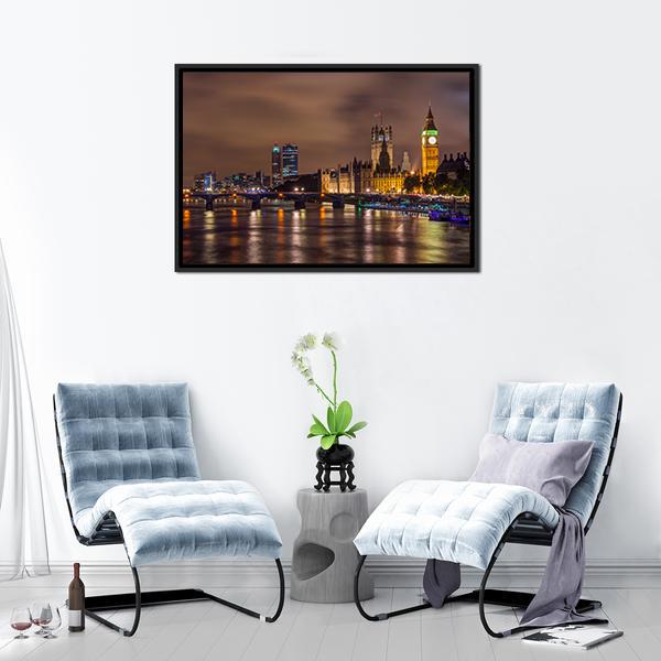 Westminster Bridge At Night Canvas Wall Art-3 Horizontal-Gallery Wrap-25" x 16"-Tiaracle