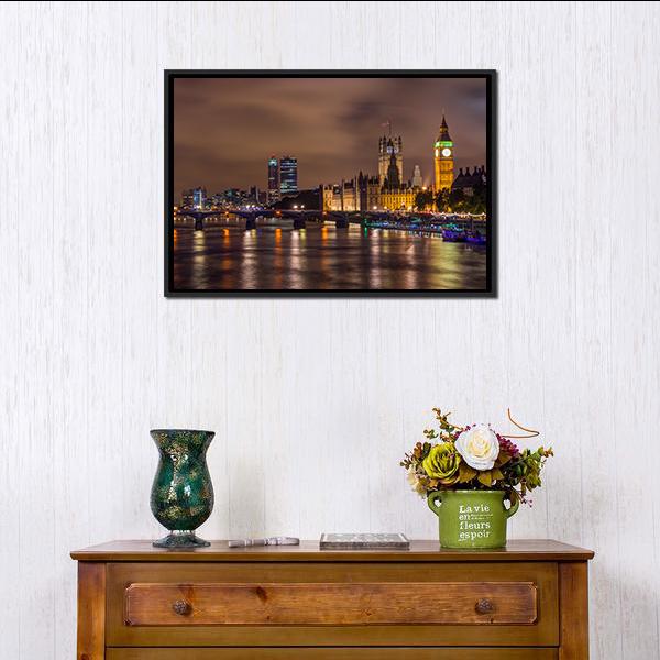 Westminster Bridge At Night Canvas Wall Art-1 Piece-Floating Frame-24" x 16"-Tiaracle