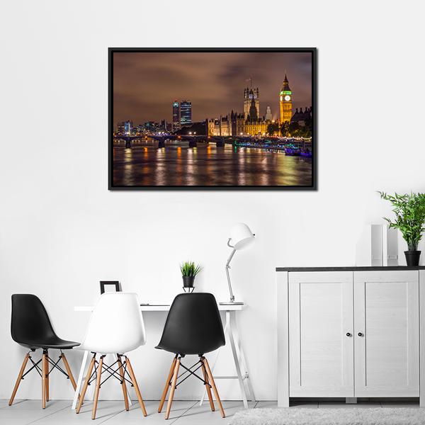 Westminster Bridge At Night Canvas Wall Art-3 Horizontal-Gallery Wrap-25" x 16"-Tiaracle