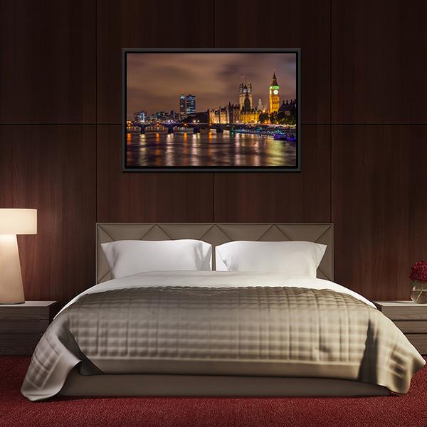 Westminster Bridge At Night Canvas Wall Art-3 Horizontal-Gallery Wrap-25" x 16"-Tiaracle