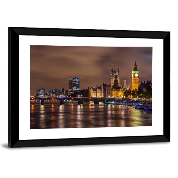 Westminster Bridge At Night Canvas Wall Art-3 Horizontal-Gallery Wrap-25" x 16"-Tiaracle