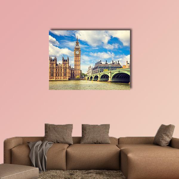 Westminster Bridge and Big Ben, London Canvas Wall Art in white, brown and blue, single panel hung on a wall