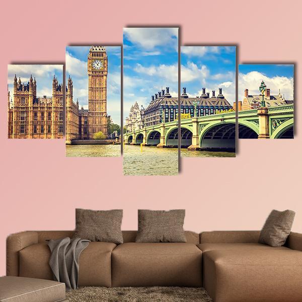Westminster Bridge In London Canvas Wall Art-5 Star-Gallery Wrap-62" x 32"-Tiaracle