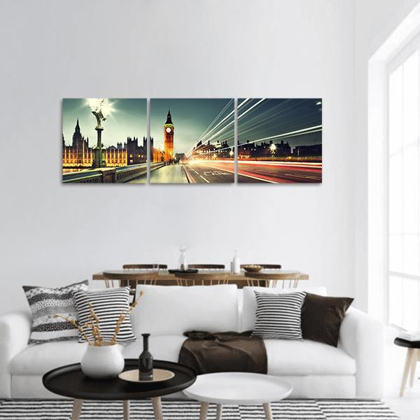 Big Ben from Westminster Bridge Panoramic Canvas Wall Art in black, yellow and blue, hung on a wall