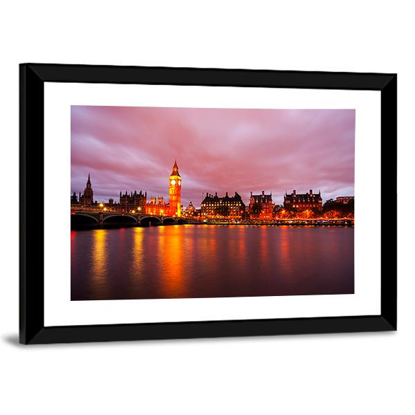 Big Ben & Houses At Night Panoramic Canvas Wall Art-1 Piece-36" x 12"-Tiaracle