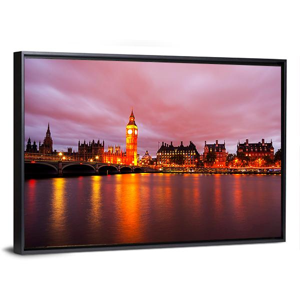 Big Ben & Houses At Night Panoramic Canvas Wall Art-1 Piece-36" x 12"-Tiaracle