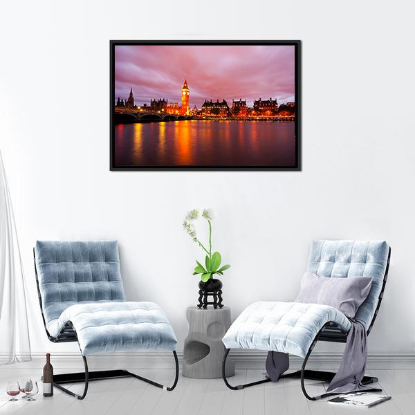 Big Ben & Houses At Night Panoramic Canvas Wall Art-1 Piece-36" x 12"-Tiaracle