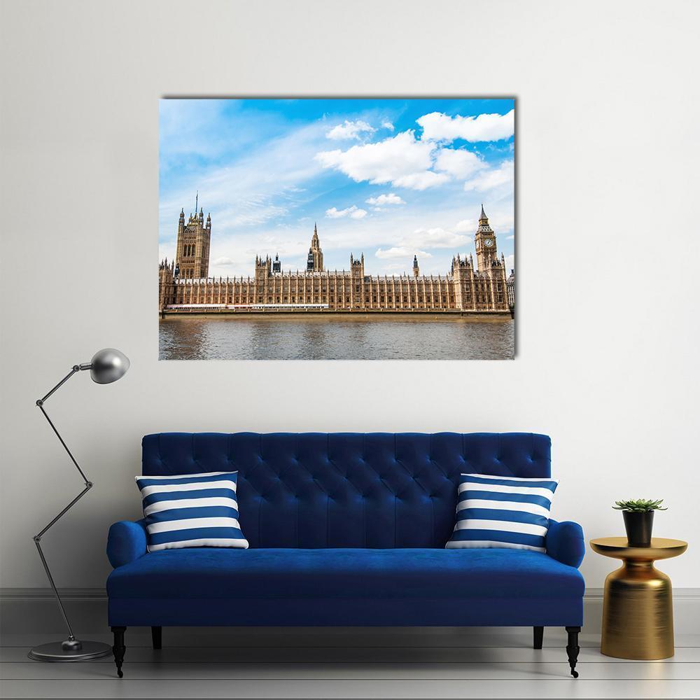 Big Ben Over the River Thames Canvas Wall Art in white, beige and blue, single panel hung on a wall