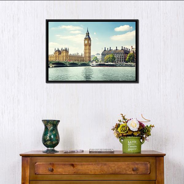 Big Ben In Sunny Day Canvas Wall Art-1 Piece-Floating Frame-24" x 16"-Tiaracle