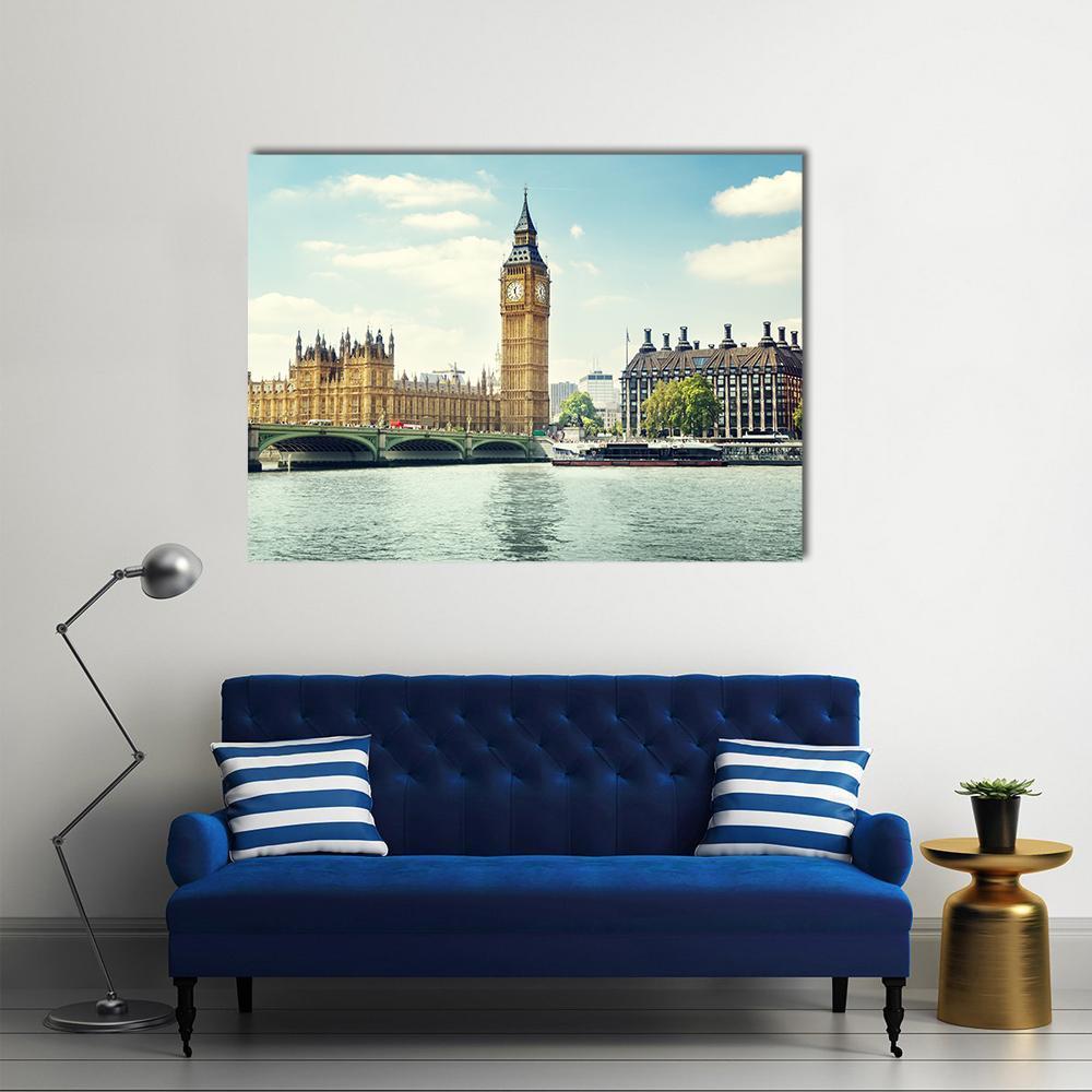 Big Ben on a Sunny Day Canvas Wall Art in beige, yellow and blue, single panel hung on a wall