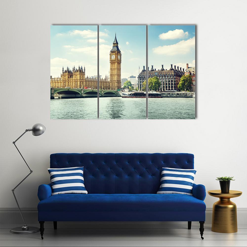 Big Ben In Sunny Day Canvas Wall Art-3 Horizontal-Gallery Wrap-37" x 24"-Tiaracle